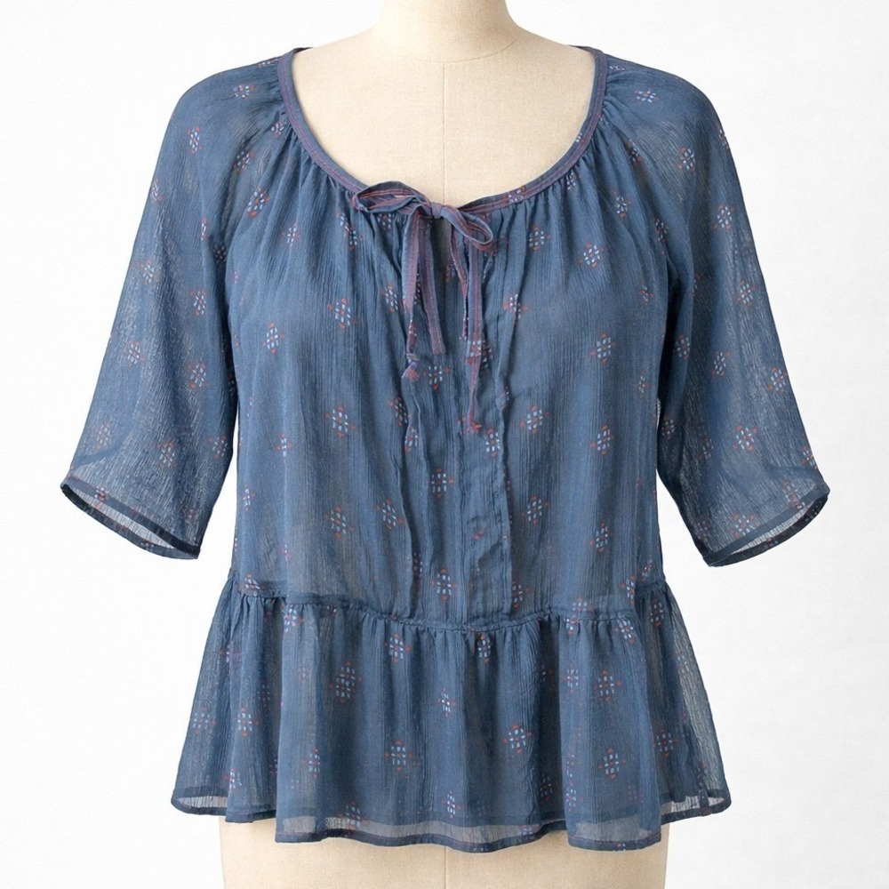 Hollister Y2K Sheer Babydoll Peasant Top Size XS Blue Geometric‎ Ruffle Whimsy